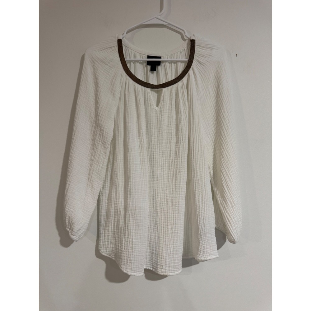 JM Collection Beaded Neckline Blouse Women Small White Textured Cotton Gauze